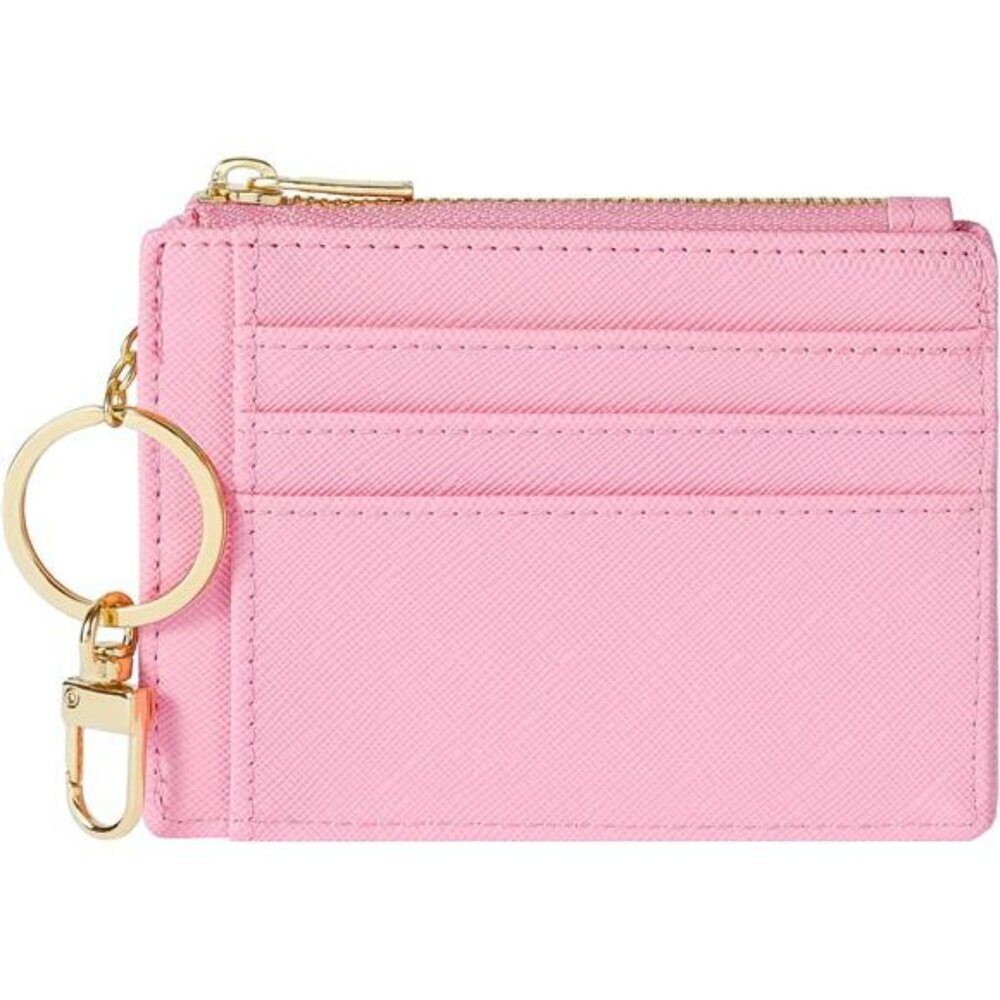 Slim leather card holder wallet for women with zipper pocket ID window keychain